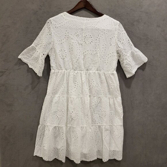 Eyelet Lace Midi Dress Women Medium White Tiered Ruffle Hem Simple Beachy Boho - Picture 2 of 6